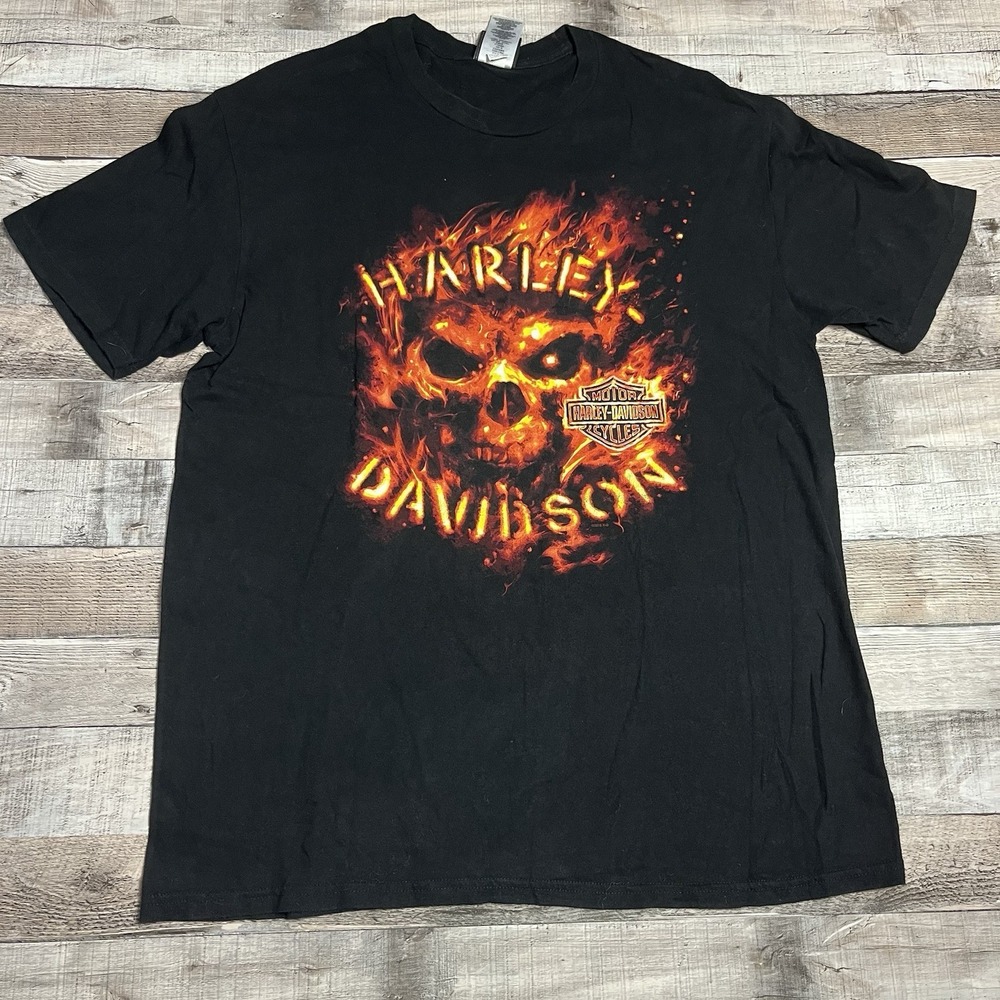 Harley Davidson Shirt Size XL Black Flame Fire Skeleton Biker Tee Motorcycle